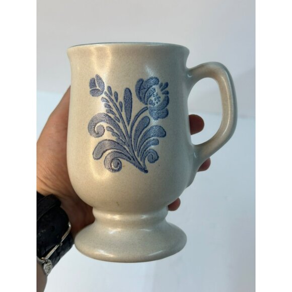 VTG Pfaltzgraff USA YORKETOWN Gray Blue Pedestal Footed Mugs W/ Handle Set of 2 - Picture 7 of 8